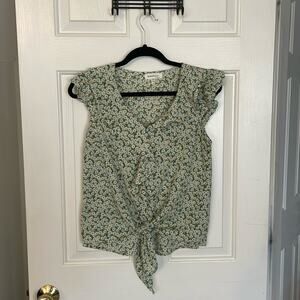 Monteau Small Womens Sleeveless Top Ruffles Green White Yellow Flower Tie Bottom